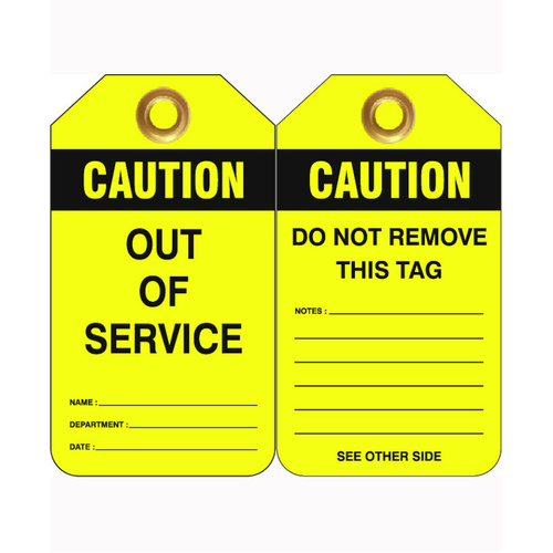 WORKWEAR, SAFETY & CORPORATE CLOTHING SPECIALISTS - 80x140mm - Heavy Duty PVC Tags - Pkt of 25 - Caution Out Of Service